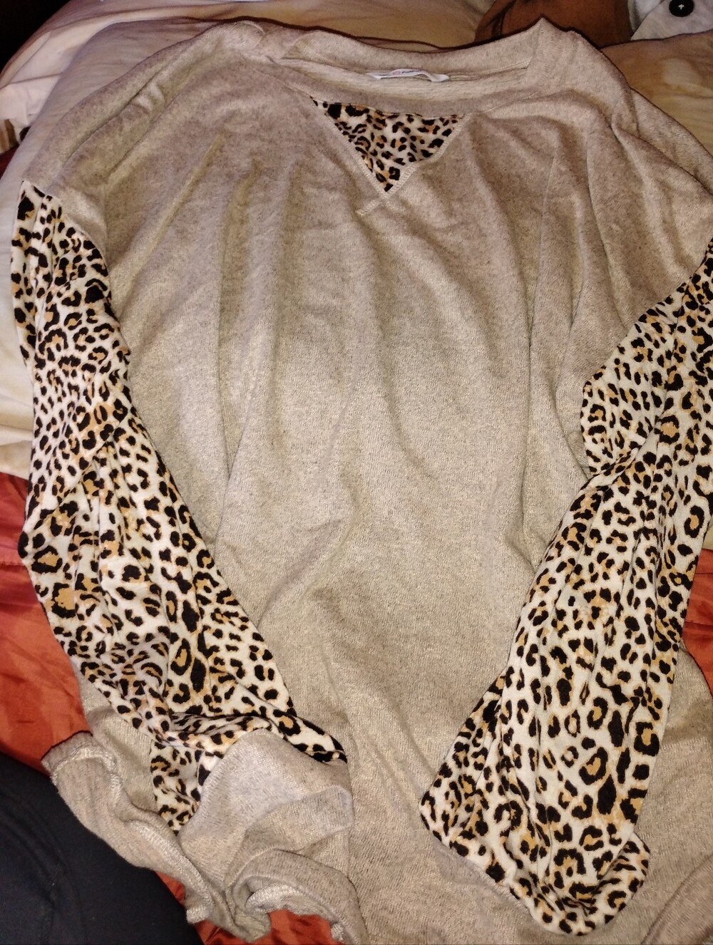 PatPat Beige Knit Crewneck Sweater with cheetah print